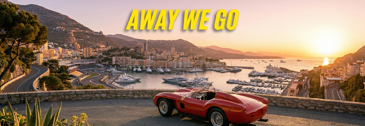 AWG substack banner convertible ferrari overlooking Monaco bay at sunset